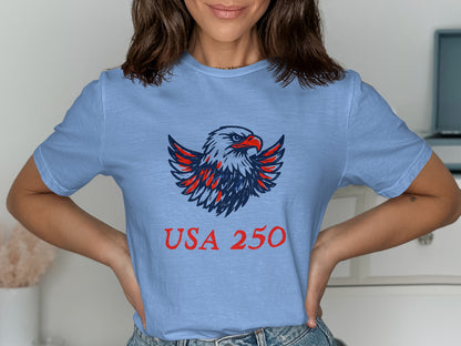 Light blue t-shirt with a red, white, and blue eagle and "USA 250" text.