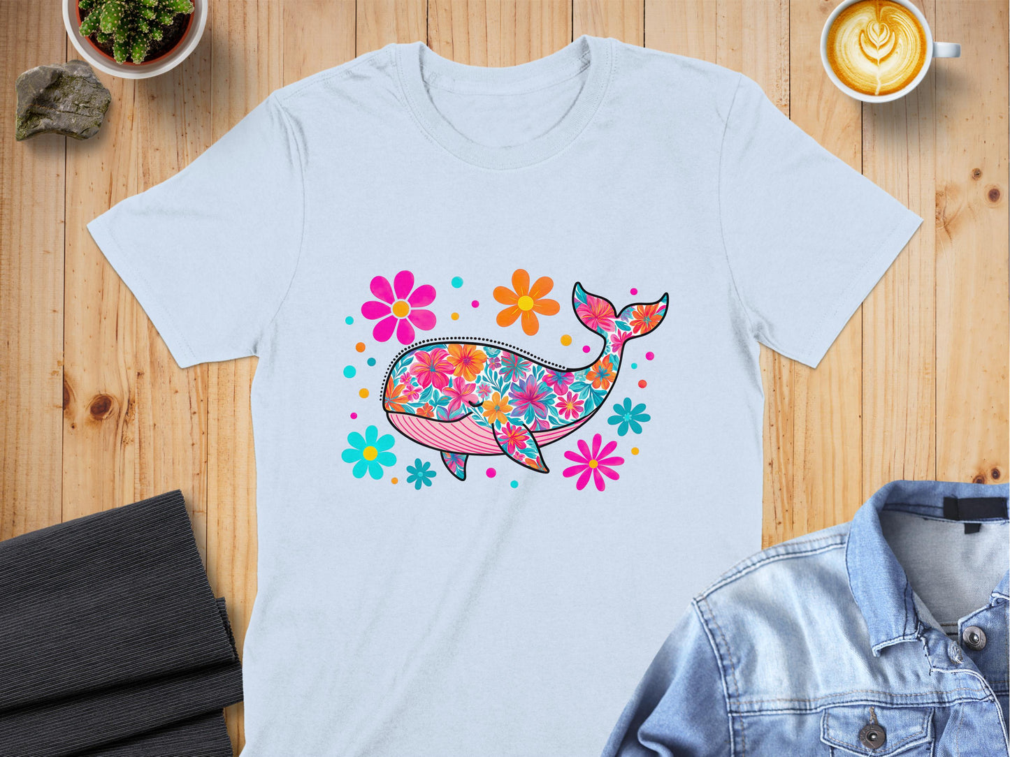 Colorful Floral Whale Design T-Shirt product type