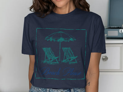 Navy t-shirt with a sketch of beach chairs and umbrella, reading "Beach Please".