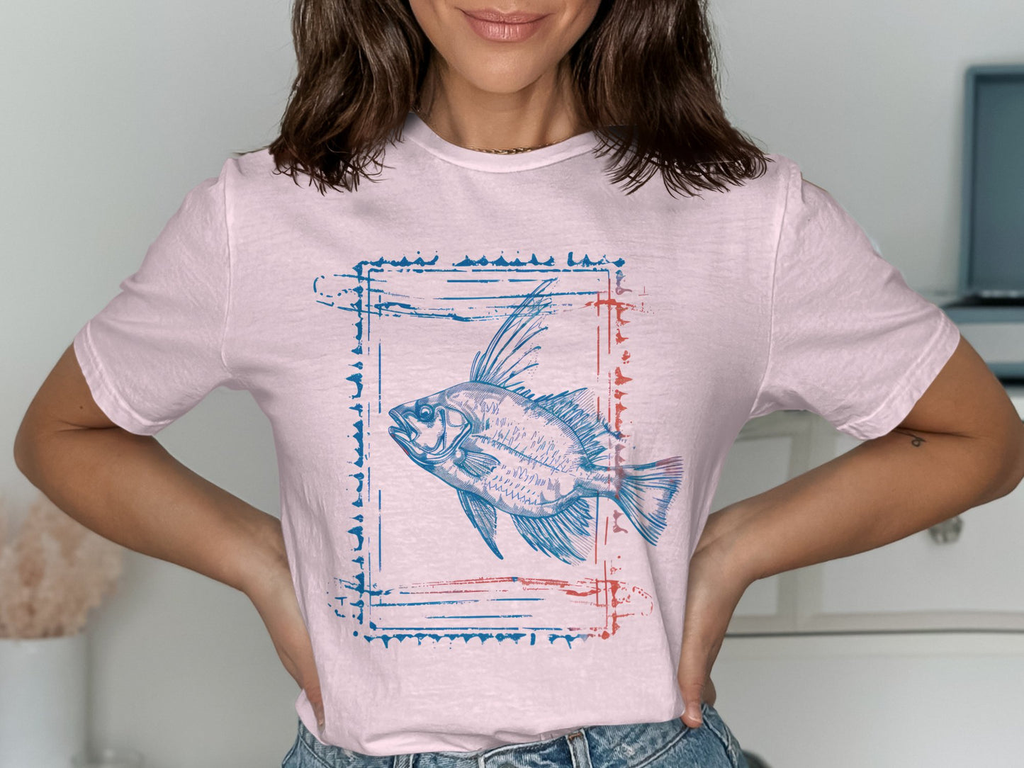Blue Fish Illustration on Light Pink Graphic T-Shirt Product
