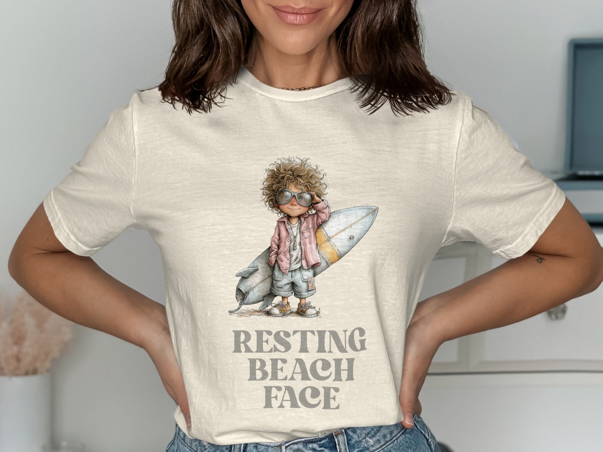Illustration of child in sunglasses with surfboard, text "Resting Beach Face".