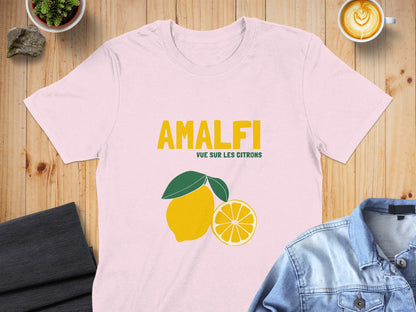 Pink t-shirt with "AMALFI VUE SUR LES CITRONS" text and a lemon graphic.