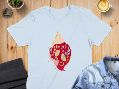 Light blue t-shirt with a red seashell and floral design.