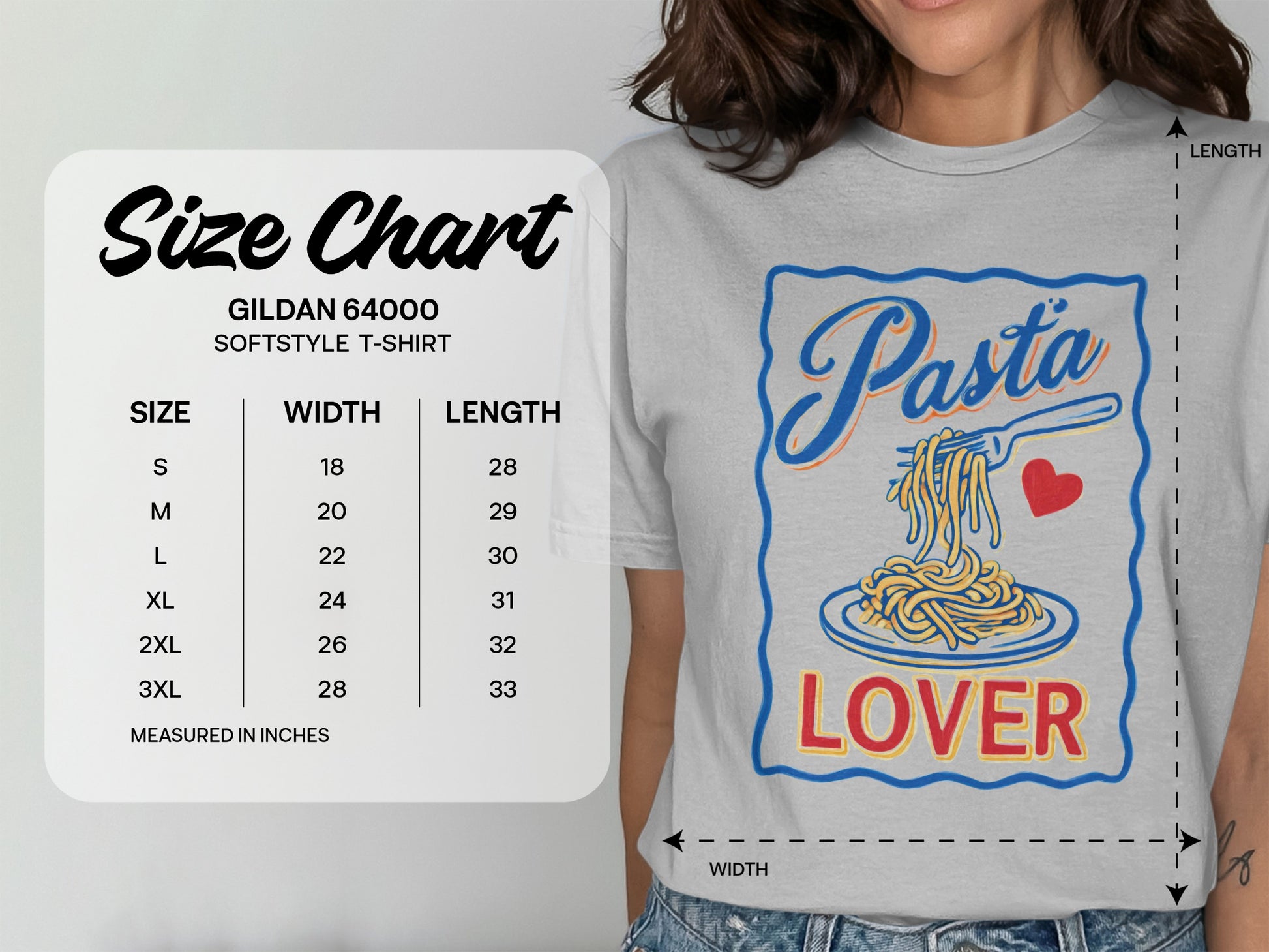 Gildan 64000 Softstyle T-shirt size chart with measurements in inches.