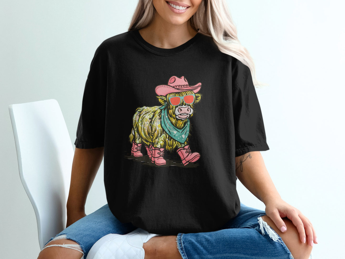 Vibrant Cowgirl Highland Cow Printed Shirt product type