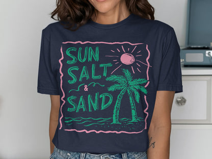 Navy t-shirt with "SUN SALT & SAND" text, palm tree, and sun graphic.