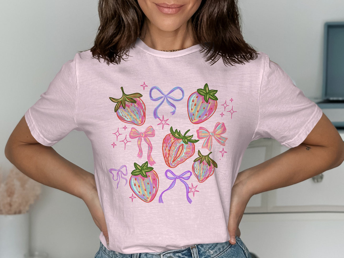 Cute Pink T-Shirt with Colorful Strawberry Design product type