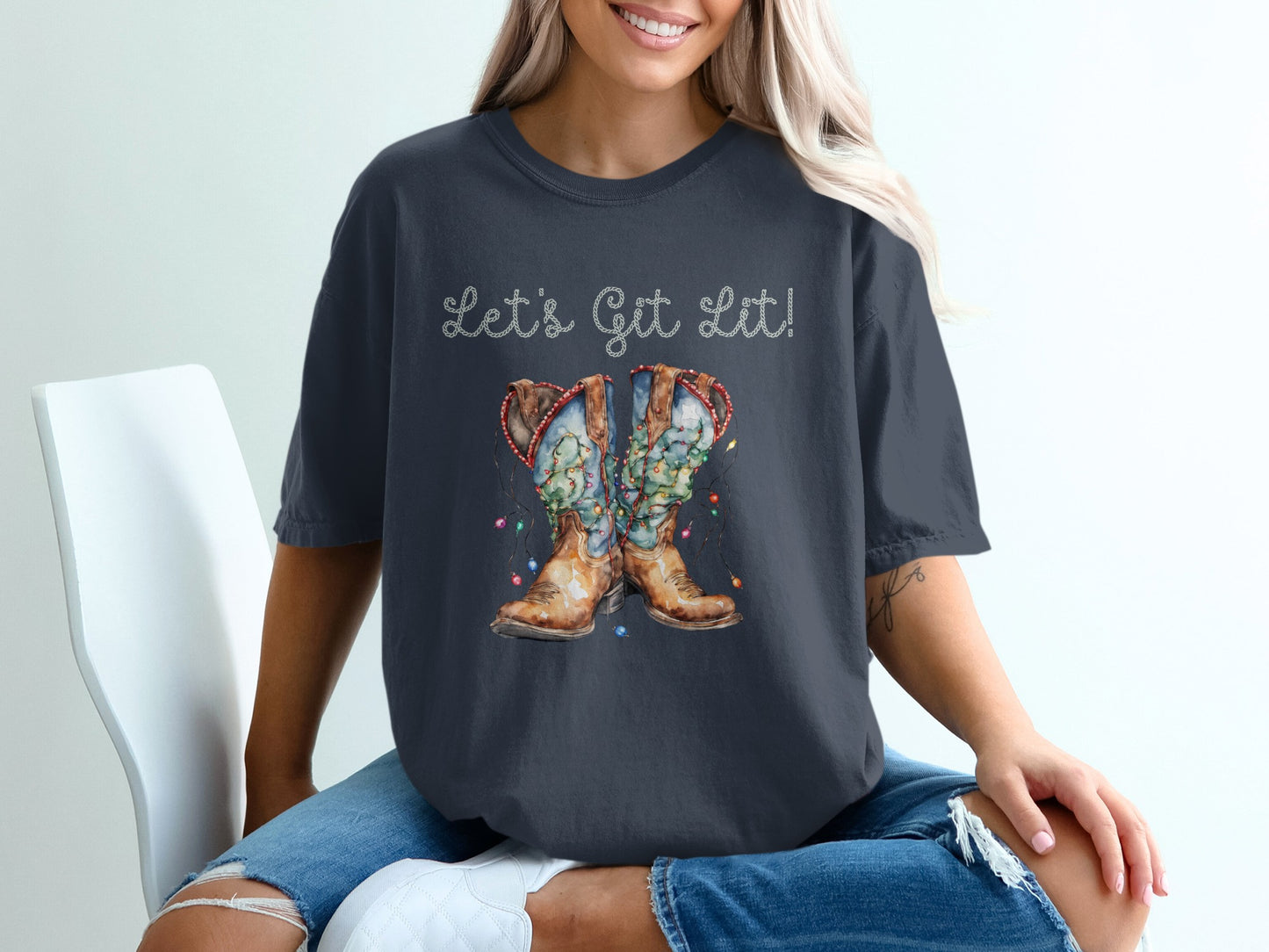 Let's Get Lit Cowboy Boots Graphic Grey Shirt product type