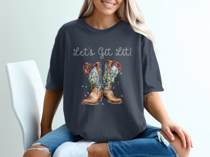 Let's Get Lit Cowboy Boots Graphic Grey Shirt product type