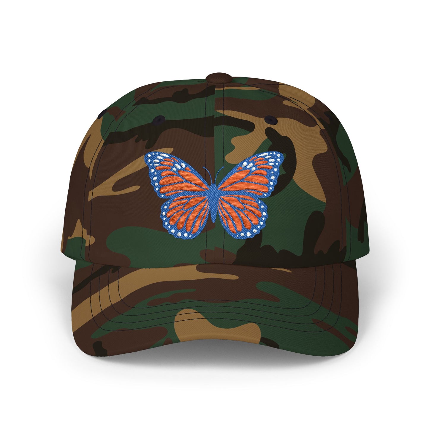 Butterfly Embroidered Dad Cap Preppy Orange & Blue Monarch Hat