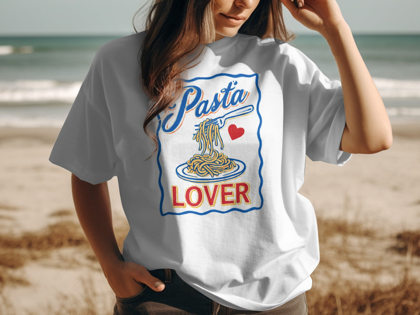 White t-shirt with "Pasta Lover" and illustration of spaghetti with a heart.