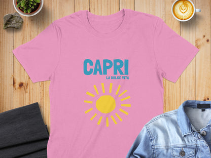 Pink t-shirt with "Capri La Dolce Vita" and a yellow sun graphic.