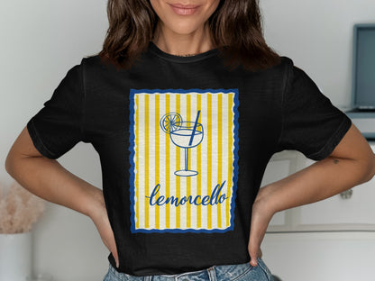 Black t-shirt with a limoncello graphic featuring a glass, lemon slice, and striped border.