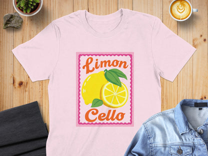 Pink t-shirt featuring a graphic of a lemon and "Limon Cello" text.