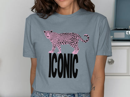 Grey t-shirt with a pink leopard and "ICONIC" text.