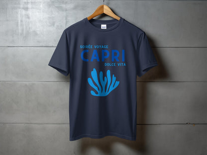 Navy t-shirt with "CAPRI DOLCE VITA" and blue sea anemone graphic.