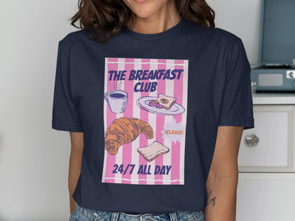 Navy t-shirt with "The Breakfast Club 24/7 All Day" and breakfast illustrations.