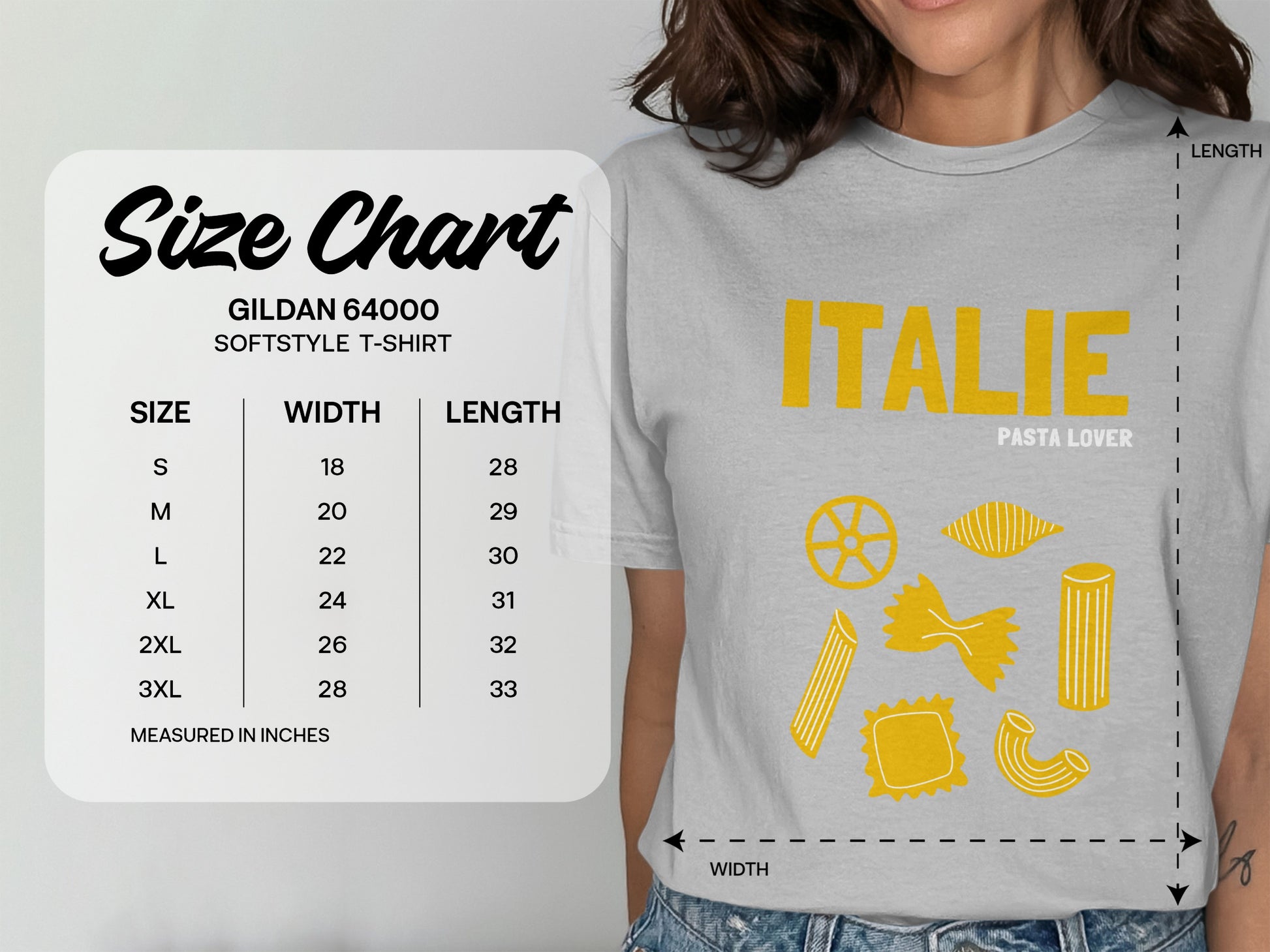 Gildan 64000 softstyle t-shirt size chart showing width and length measurements in inches.