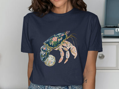 Navy t-shirt with a colorful, floral painted lobster design.