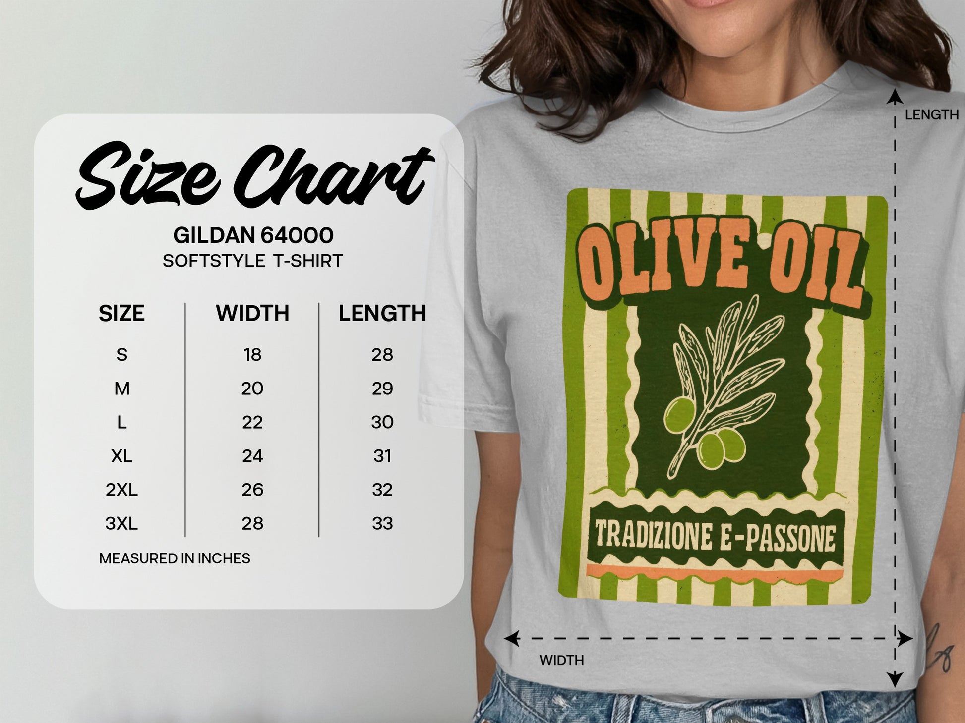 Gildan 64000 softstyle t-shirt size chart with olive oil graphic.