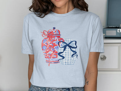 Stylish Graphic T-Shirt with Bow and Jar Design T-Shirt