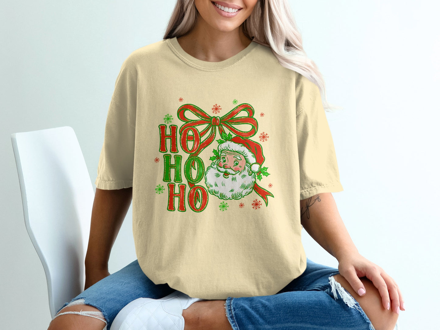 HO HO HO Santa Face with Bow Print T-Shirt product