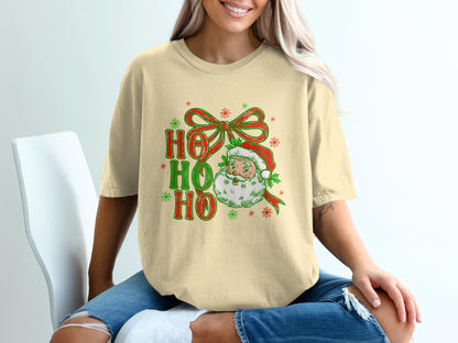 HO HO HO Santa Face with Bow Print T-Shirt product