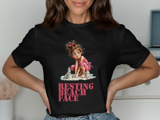 Black t-shirt with graphic of girl at beach, "RESTING BEACH FACE" text.