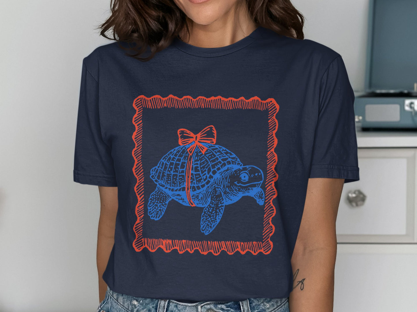 Turtle Graphic Tee with Bow Design Casual Shirt product