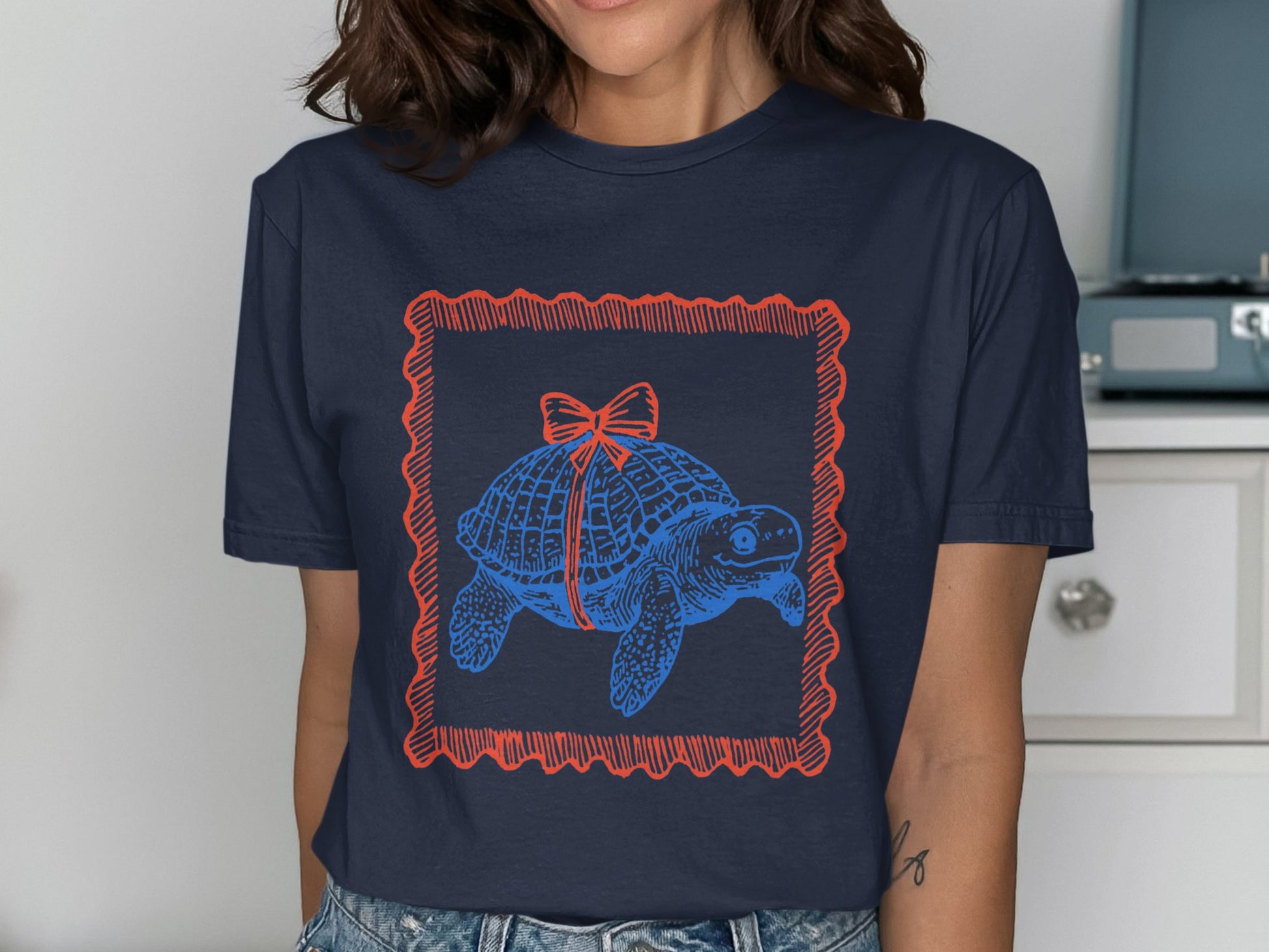 Turtle Graphic Tee with Bow Design Casual Shirt product