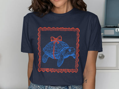 Turtle Graphic Tee with Bow Design Casual Shirt product