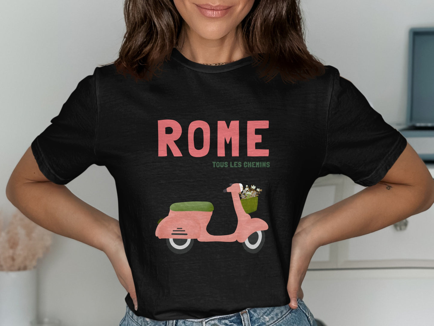 Black t-shirt with pink "ROME" text and a pink scooter graphic.