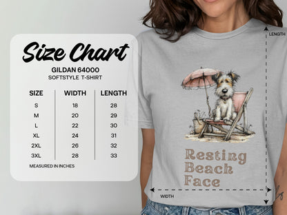 Gildan 64000 Softstyle t-shirt size chart with dog graphic.
