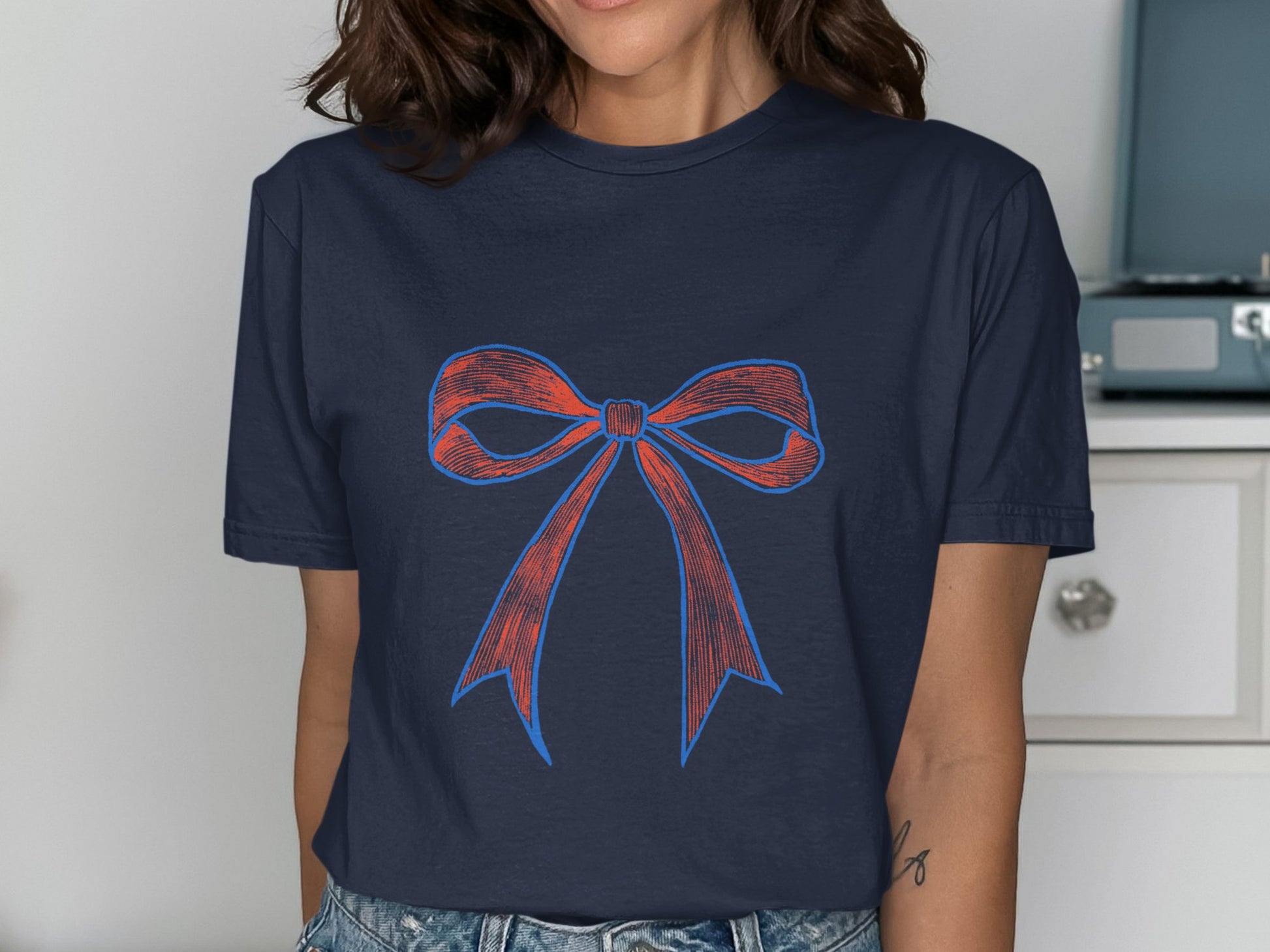 Stylish Blue T-Shirt with Vibrant Red Bow Design product type