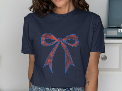 Stylish Blue T-Shirt with Vibrant Red Bow Design product type