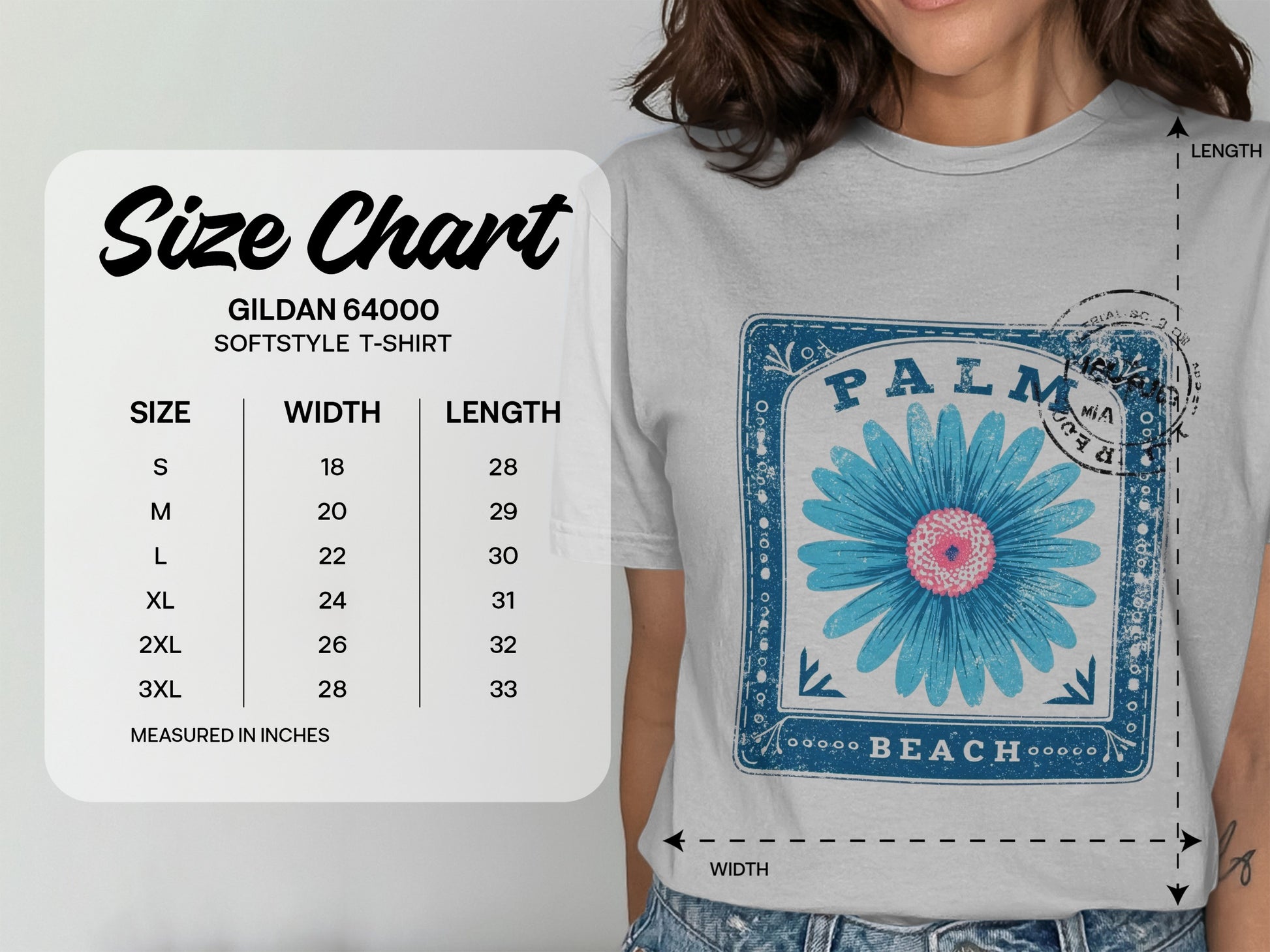 Gildan 64000 Softstyle t-shirt size chart with measurements in inches.
