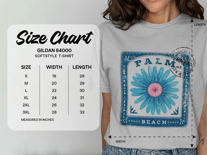 Gildan 64000 Softstyle t-shirt size chart with measurements in inches.
