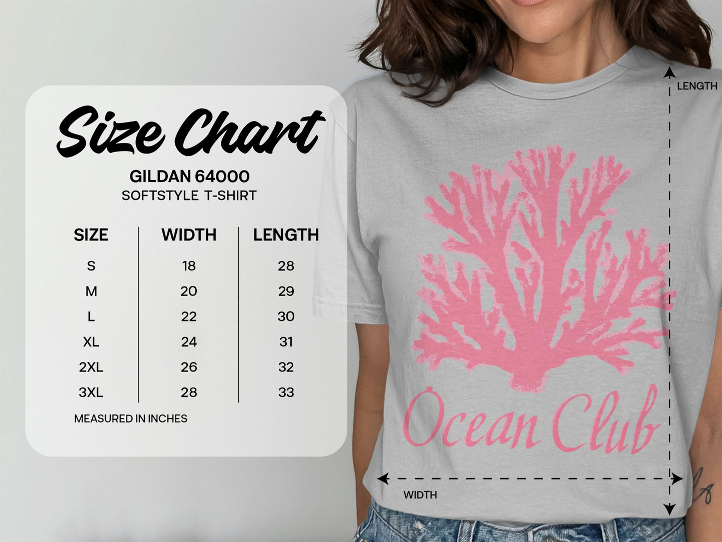 Gildan 64000 softstyle t-shirt size chart with measurements and "Ocean Club" graphic.