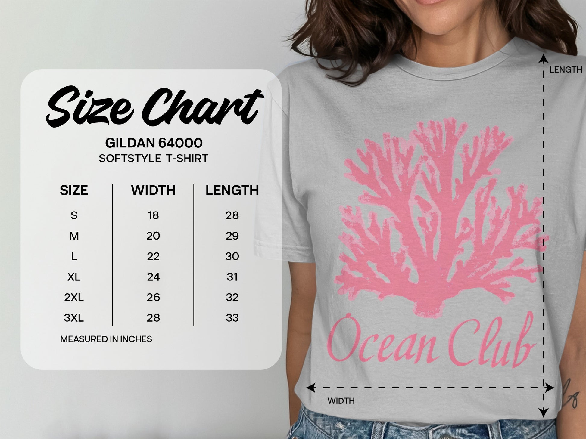 Gildan 64000 softstyle t-shirt size chart with measurements and "Ocean Club" graphic.