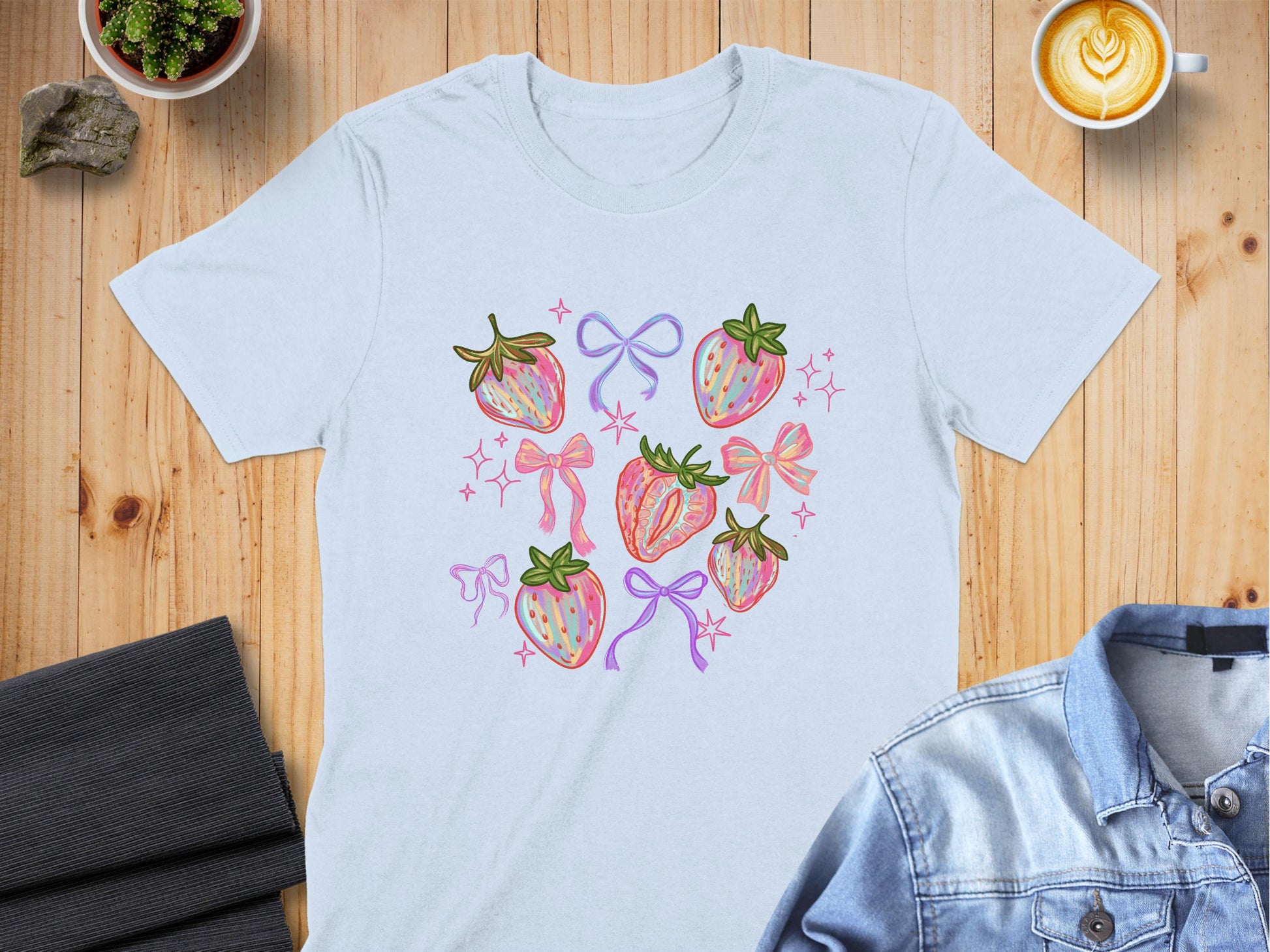Colorful Strawberry and Bow Graphic Design T-Shirt product type