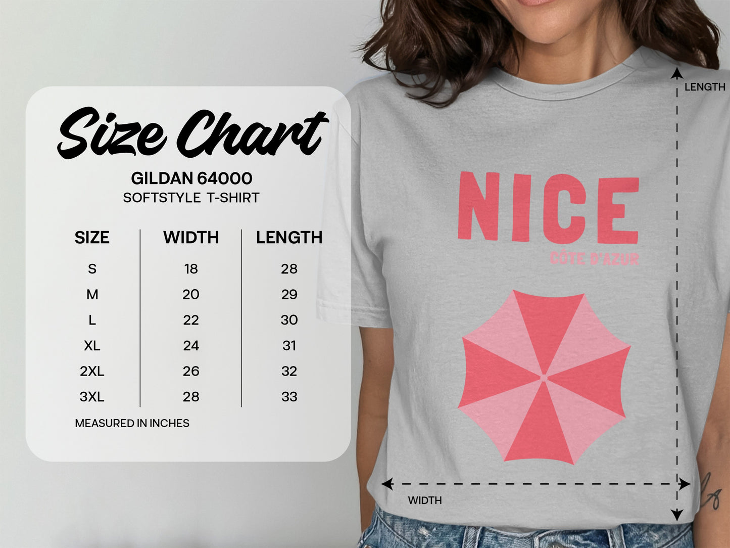 Gildan 64000 t-shirt size chart with measurements in inches.