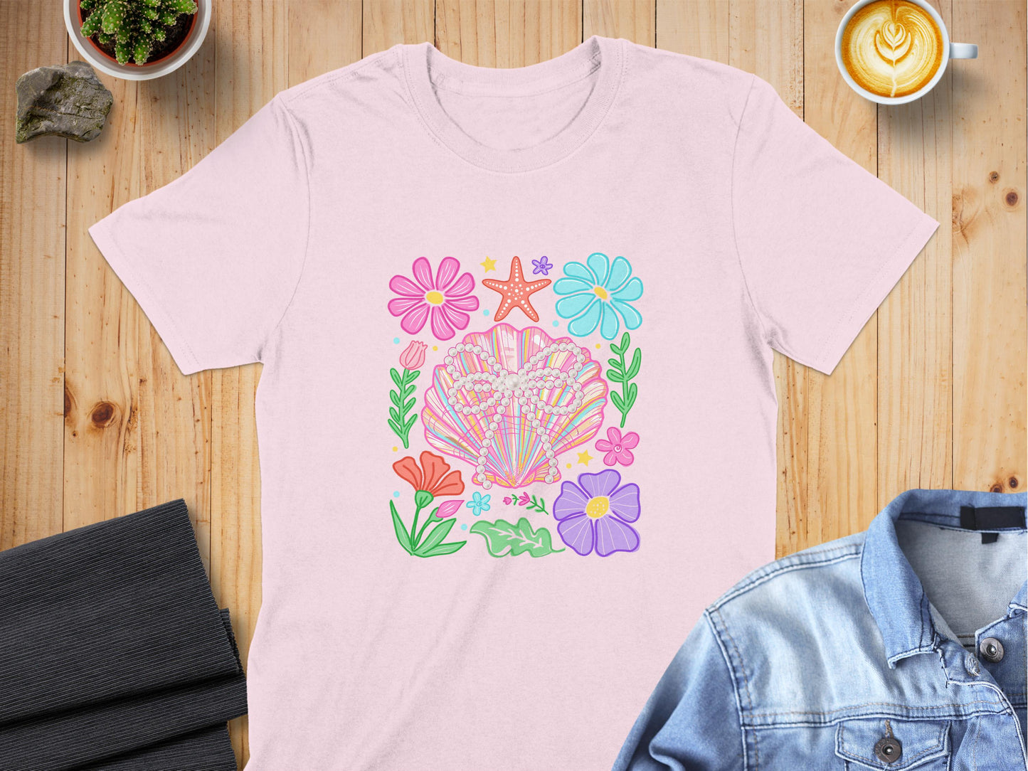 Floral Seashells and Stars Pink T-Shirt product type