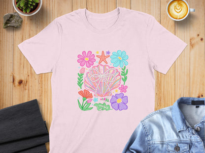Floral Seashells and Stars Pink T-Shirt product type