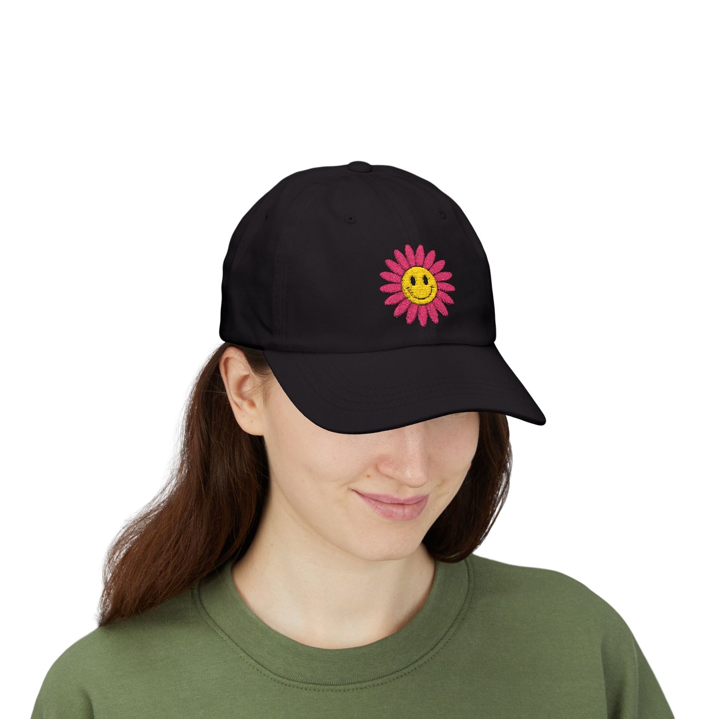 Smiley Daisy Dad Cap Embroidered Pink Flower Hat