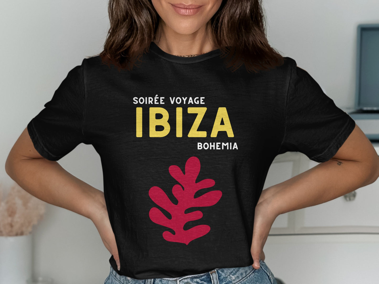 Black t-shirt with yellow "IBIZA" and red graphic.