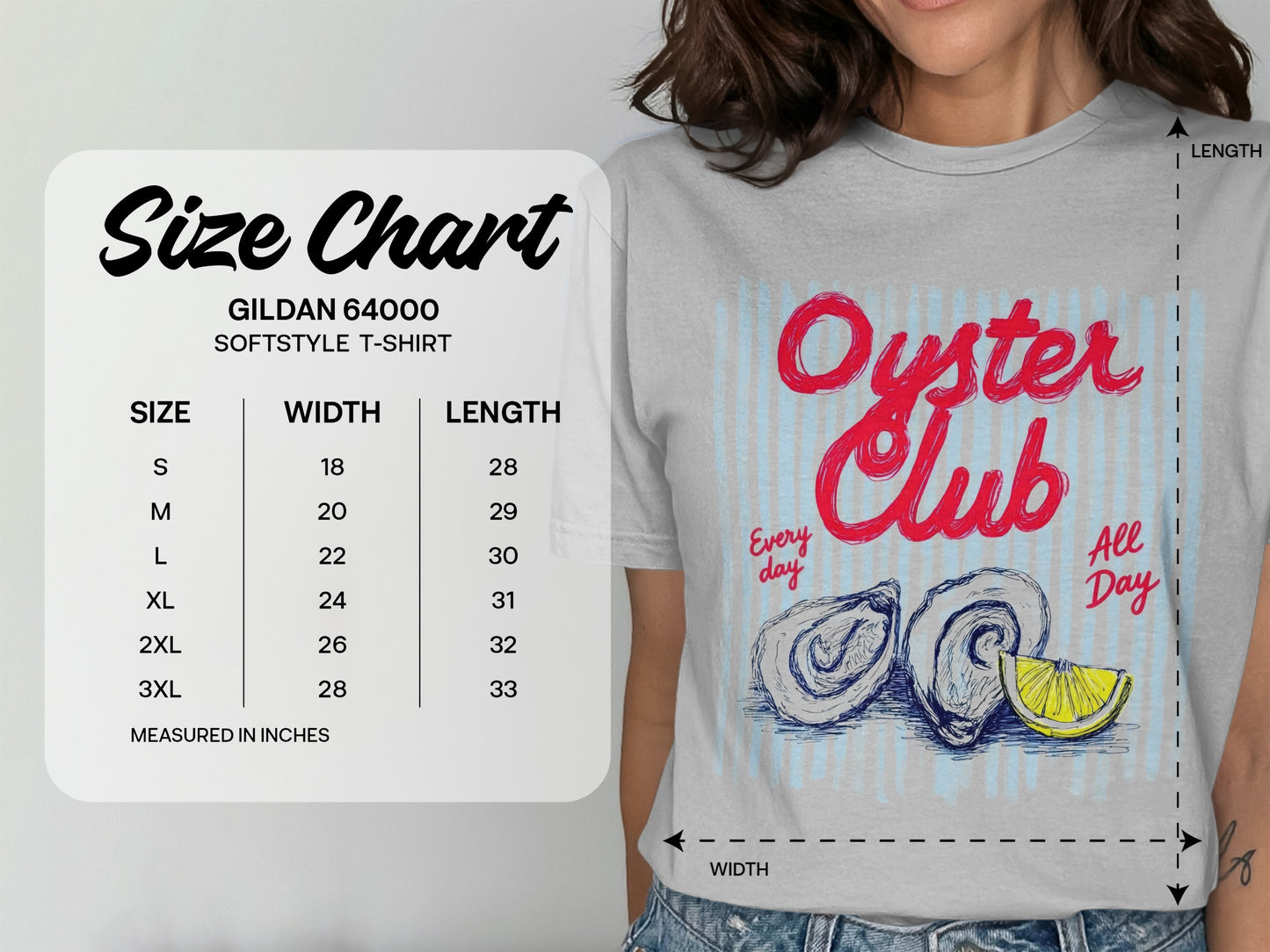 Gildan 64000 Softstyle T-shirt size chart with oyster graphic.