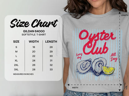 Gildan 64000 Softstyle T-shirt size chart with oyster graphic.