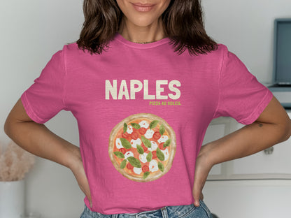 Pink t-shirt with "NAPLES PIZZA AU SOLEIL" and pizza graphic.