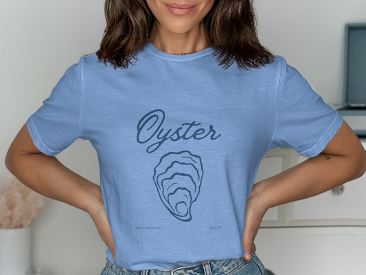 Light blue t-shirt with "Oyster" and an oyster graphic.