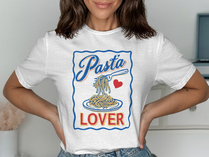 White t-shirt with "Pasta Lover" text and illustration of pasta on a fork.